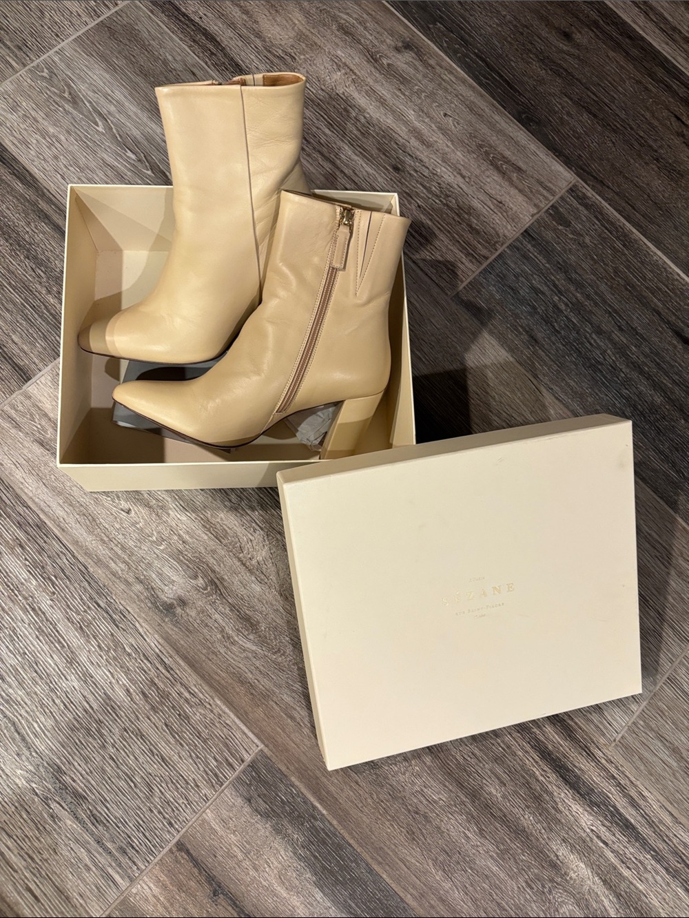 Sezane Adele Cream Leather Mid-Heel Ankle Boots